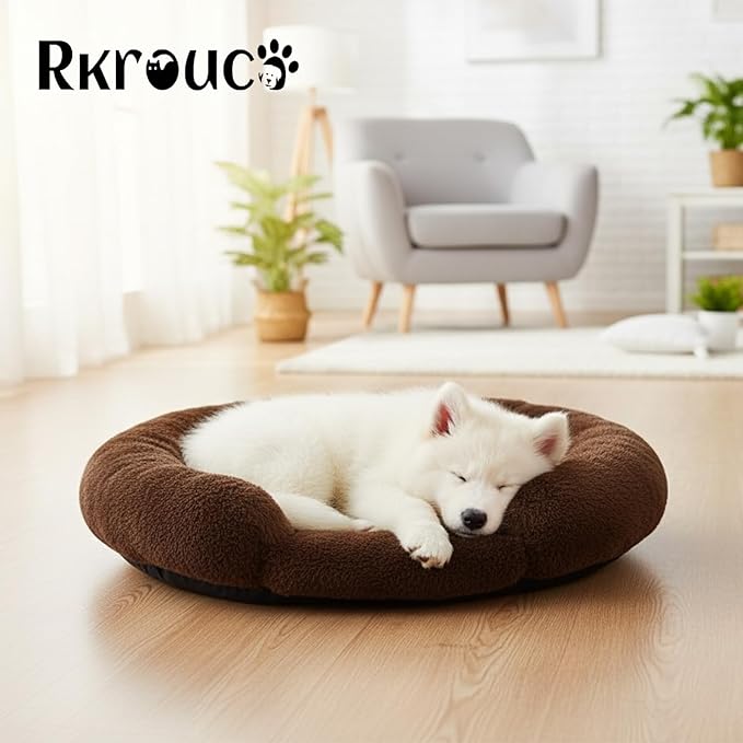 Fluffy Dog Bed Calming Donut Beds for Large Dogs Warming Round Small Medium Pet Nest Cozy Cat Mattress Indoor Washable Puppy Kennel Kittens Sleep Mat (S, 23.6×23.6 inch, Brown)