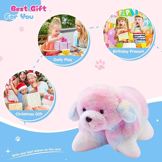 Glow Guards 14" Rainbow Dog Plush Pillow, Cute Stuffed Animal Soft Lovely Colorful Toy, Bedtime Sofa Decors, Christmas Birthday Children's Day Hoilday Gift for Toddler Kids Boys and Girls