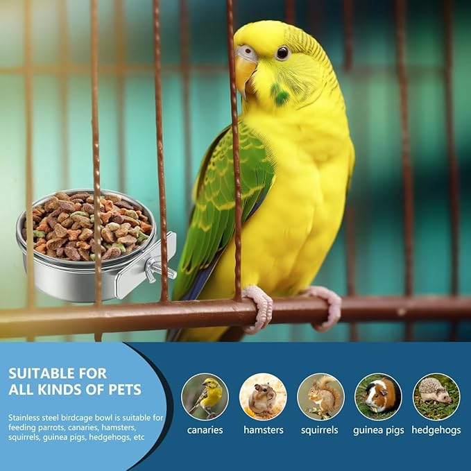 2Pcs Stainless Steel Bird Feeding Bowls, Small Bird Feeding Cup, Stainless Steel Parrot Food Bowl Cage with Holder, Parrot Cage Water Feeder, Pet Cage Cup Holder (Dia 7.09", 4.72",)