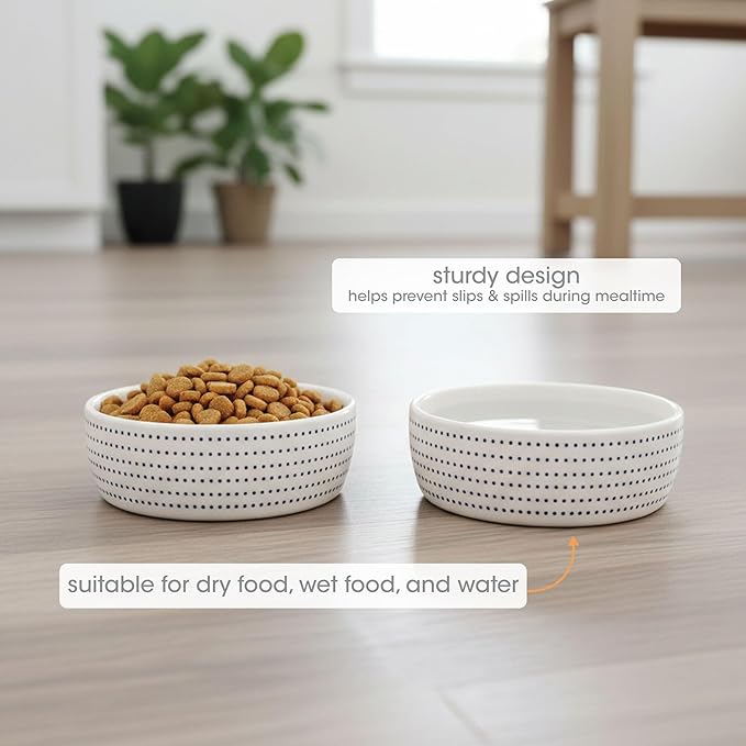 Pearhead Ceramic Cat Bowl for Food and Water, Whisker Fatigue Shallow Wide Cat Food Bowl, Heavyweight Non Slip Non Tip Pet Dish, Modern White Cat Bowl with Blue Dot Design