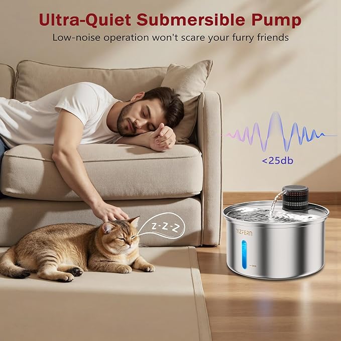 Cat Water Fountain Stainless Steel 108oz/3.2L Upgrade Dual-Filtration Pet Water Fountain for Cats Indoor, Ultra Quiet Dog Water Bowls Dispenser for Drinking, Automatic Cat Watering Supplies (Black)