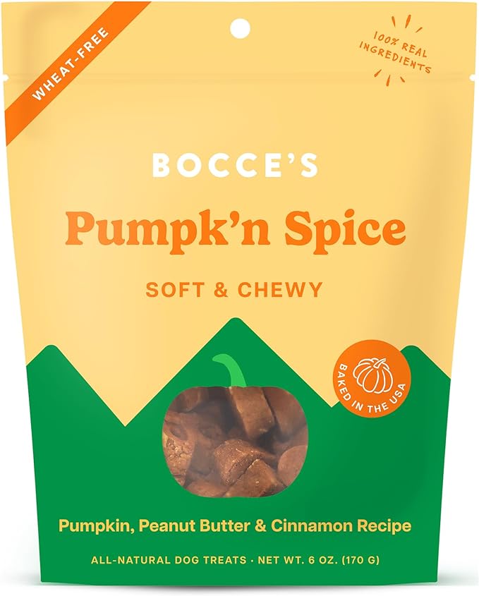 Bocce's Bakery Pumpk'n Spice Treats for Dogs, Wheat-Free Everyday Dog Treats, Made with Real Ingredients, Baked in The USA, Natural Soft & Chewy Cookies, Pumpkin, Peanut Butter, & Cinnamon, 6 oz