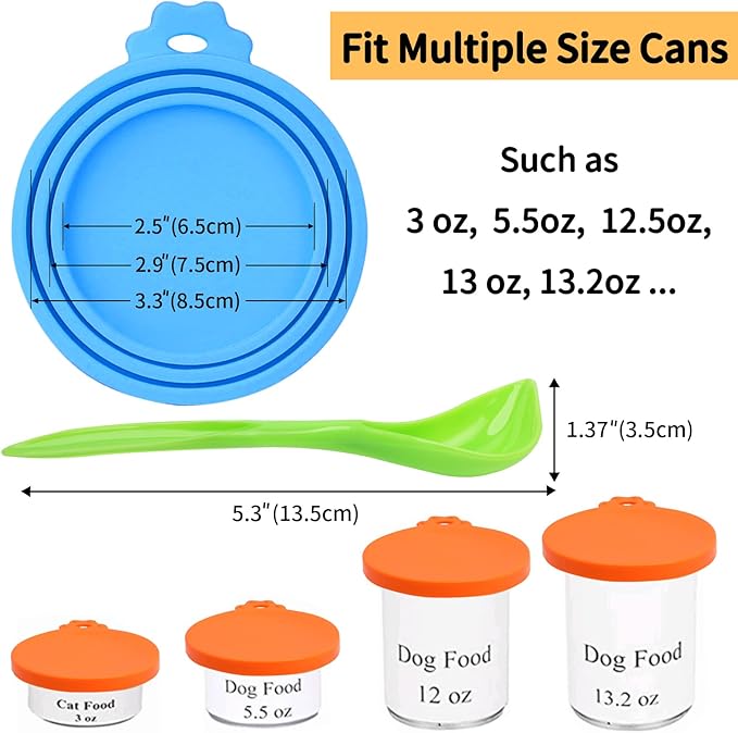 Lydia’s Deal Pet Food Can Covers 2-Pack, Thick Silicone Universal Can Lids for Dog & Cat Food, Fits 3oz/5.5oz/12oz, Airtight Seal, Durable & Dishwasher Safe, Easy Grip with Spoon (Blue & Orange)