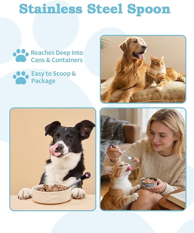 6 PCS Cat Food Can Covers Set, Reusable Silicone Can Lids with Opener, Stainless Steel Wet Food Spoon & Cat Treat Squeezer for Pet Feeding and Storage, Fits Cats & Dogs (Blue)