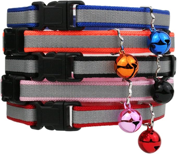 GoTags Reflective Cat Collar with Personalized ID Tag in Stainless Steel, Breakaway Cat Collar with Bell and Custom Engraved Cat Tag with up to 4 Lines of Custom Text, (Red)