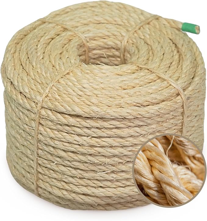 1/4” x 100 ft (6mm x 30m) Sisal Rope for Cat Scratching Post Replacement – Sisalana® Pet Safe, Non-Toxic, Natural, Ultra Durable – Cat Tree, DIY, Crafts, Garden, Home Decor