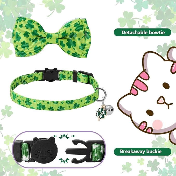 JarThenaAMCS 3 Pcs St. Patrick's Day Cat Collar with Breakaway Bell Bow Tie Green Shamrock Lucky Clover Adjustable Kitten Collars for Spring Irish Girl Boy Cats Small Pet Party