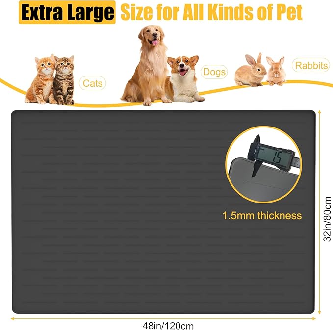 1.5MM Super Thick Dog Food Mat, 48"x32" Silicone Dog and Cat Mats for Food and Water Bowls, Waterproof Pet Feeding Mat for Contain Spills Protects Floors, Multiple Colors & Sizes for Pets, Black