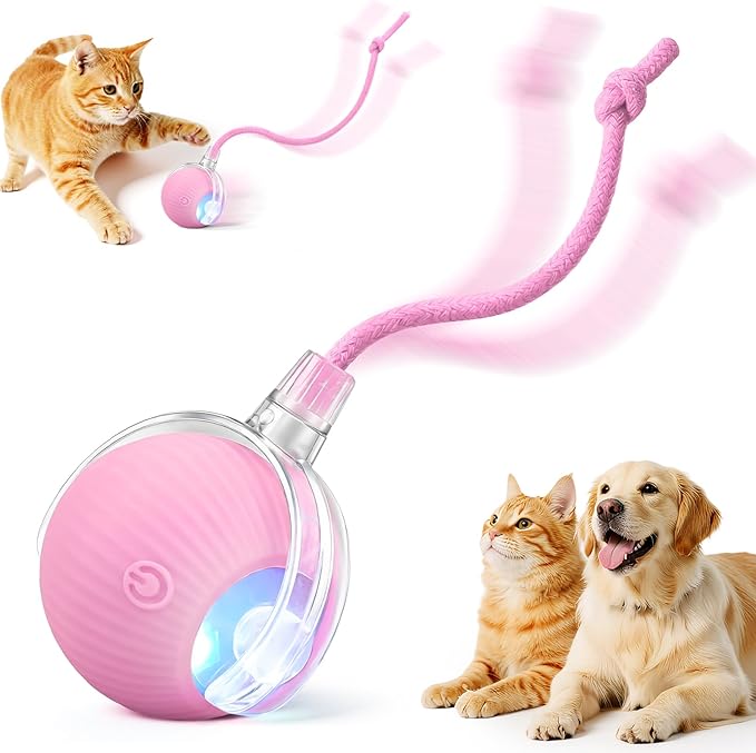 Interactive Electric Automatic Rolling Moving USB Rechargeable Self Activated Play Stimulation Toy Smart Chase Teaser Ball with Rope for Bored Adult Indoor Kitten Cat and Puppy Dog, Pink