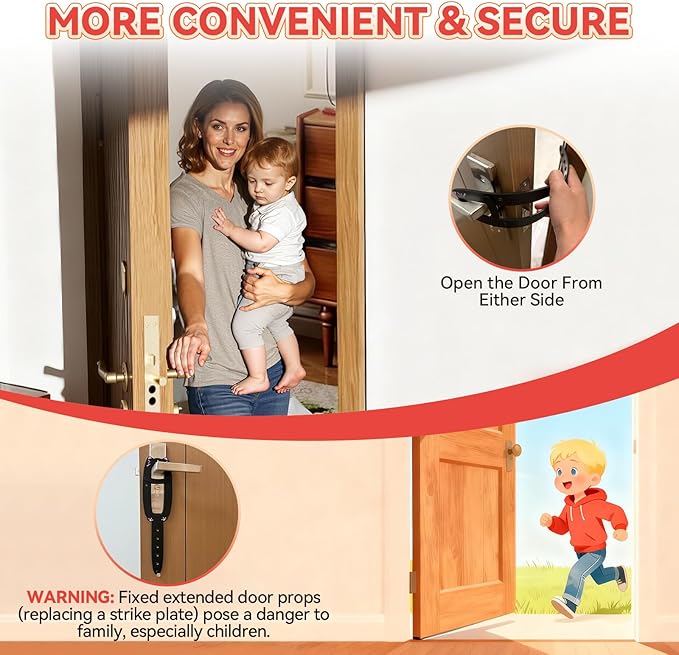 Cat Door Latch, Door Prop for Cats to Keep Dogs Out of Litter Box and Food, Preventing Hand Pinching, Cat Door Stopper with 6 Adjustable Straps 2.5-6.5" Wide, Including Door Plate, Black, 1Pc