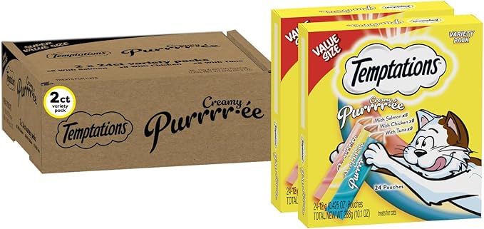 Temptations Creamy Puree Squeezable Lickable Cat Treats, Wet Cat Treats with Chicken, Salmon, and Tuna Variety Pack, 0.42 oz. Tubes, 24 Count, Pack of 2 (48 Total)
