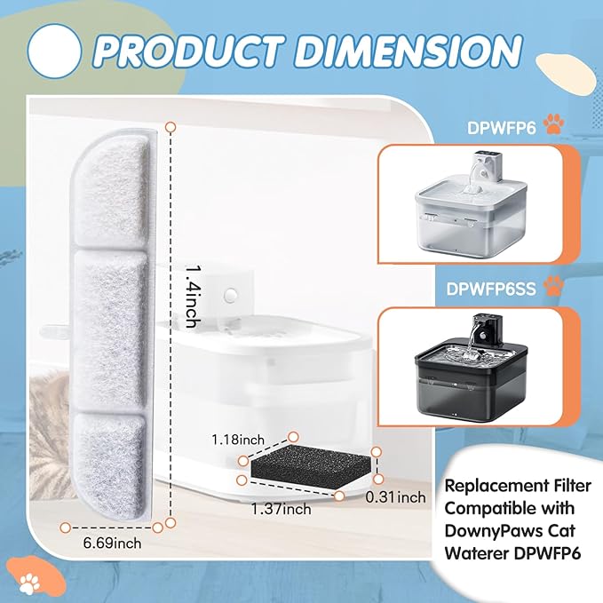 16 Packs Replacement Filters Compatible with Downy Paws Cat Water Fountain - Triple Filtration Filters for DownyPaws 84oz/2.5L Wireless Pet Fountain DPWFP6 (16 Filters & 16 Sponges)
