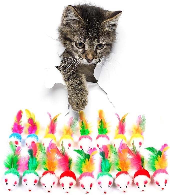 FYNIGO Cat Mouse Toys 17 Pack - Realistic Interactive Plush Hunting Catnip Toys with Feather Tails & Rustle Sound, Fun Kitten & Indoor Cat Toys Set, Best Gift for Cat Lovers