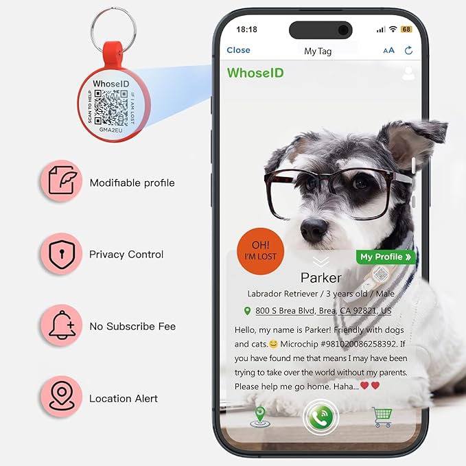 WhoseID QR Code Cat Tag, Modifiable Pet Online Profile, Multiple Emergency Contact, Scannable QR Code, Instant Location Email Alert, Collar Accessories (Small Breeds - 1", Red)