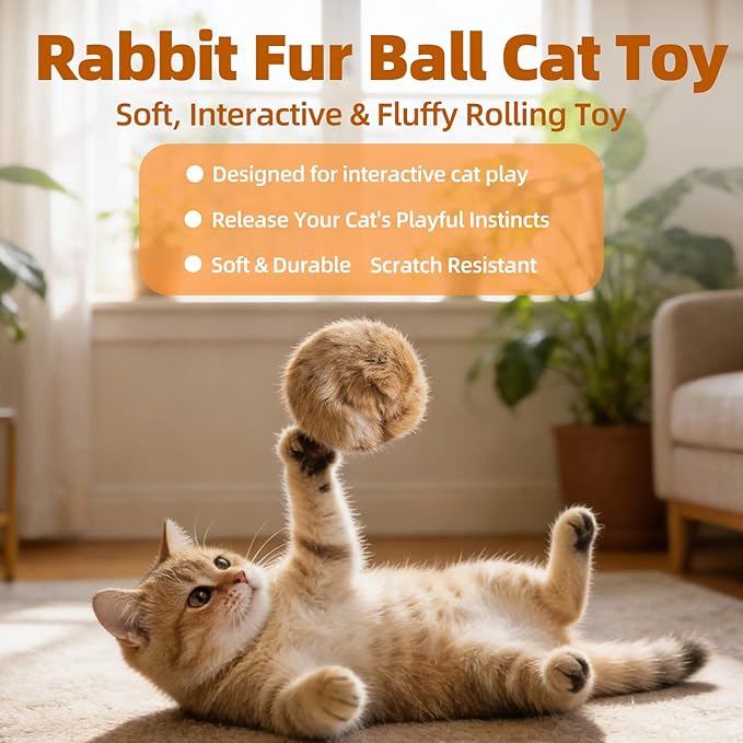 Rabbit Fur Pom Pom Ball,Real Rabbit Fur Catnip Toy - Interactive Fluffy Rolling Ball for Indoor Cats, Multi-Cat Homes & Pursuit Games, Soft Cute & Durable Play Essential for Kittens to Adults