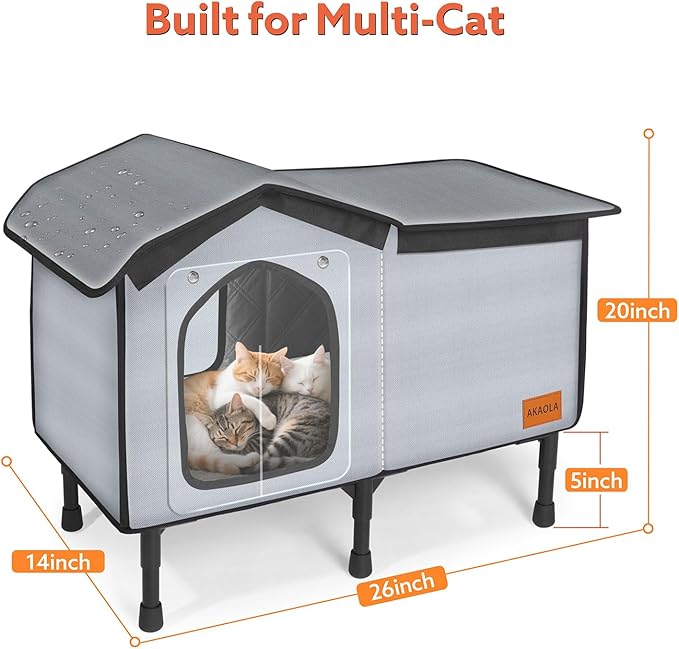 Outdoor Cat House Heated for Outside Winter 100% Waterproof Oxford Tarpaulin with Safe Escape Door and 5" Elevated Base with Heater for Feral Barn Cat Kitty (26“x20”x14“)