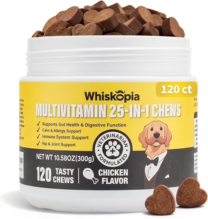 25-in-1 Dog Vitamins Supplements Multivitamin Chewable with Glucosamine MSM Colostrum Probiotics Omega-3 for Dogs and Cats Digestive Gut Hip Joint Omega-3 Skin & Coat Eyes Immune Support - 120 Ct