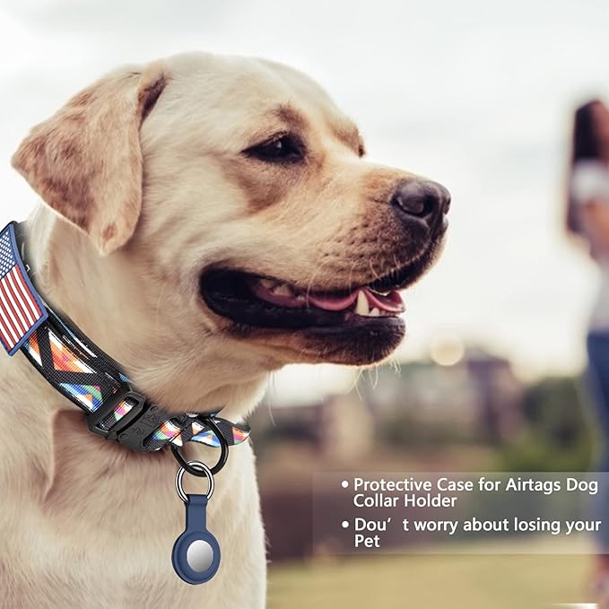 DAGANXI Tactical Dog Collar, Adjustable Military Training Nylon Dog Collar with Control Handle and Heavy Metal Buckle for Medium and Large Dogs, with Patches and Airtags Case (M, Colorful Triangle)