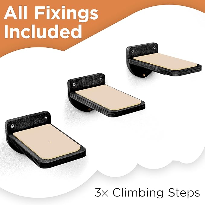 INICIO Cat Wall Stairs - Set of 3 Wall Steps for Cats to Climb with Fixtures, 8.7"x4.7" - Floating Steps for Climbing or Playing - for Kittens and Adult Cats, Black