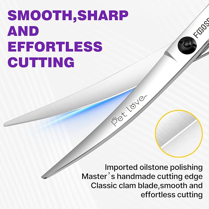 Curved Dog Grooming Scissors 7 in Curve Shears for Pet Dogs Pomeranian Cat Japan 440C 30°Arc Upward & Downward for Trimming Face and Paws at Home(7, Curved)
