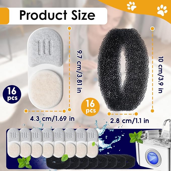 16+16 Pack Cat Water Fountain Filters Replacement Set Compatible with APAUK Stainless Steel 108oz/3.2L Pet Water Dispenser, Includes 16 Filters & 16 Sponges for 6-Month Supply