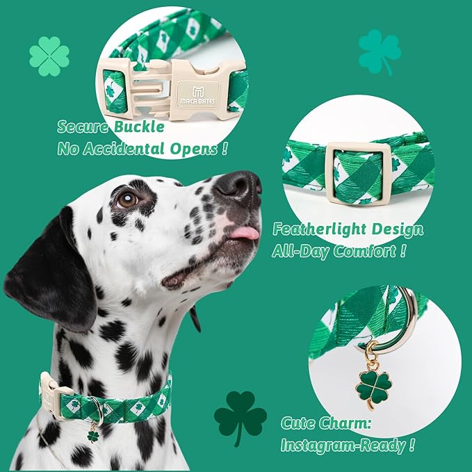 Maca Bates St. Patricks Dog Collar with Clover Charm for Extra Small Girl Boy Dogs, Green Plaid,Argyle Pattern,Adjustable Durable Soft Checkered Collars Irish Shamrock Gift for Male Female Puppy