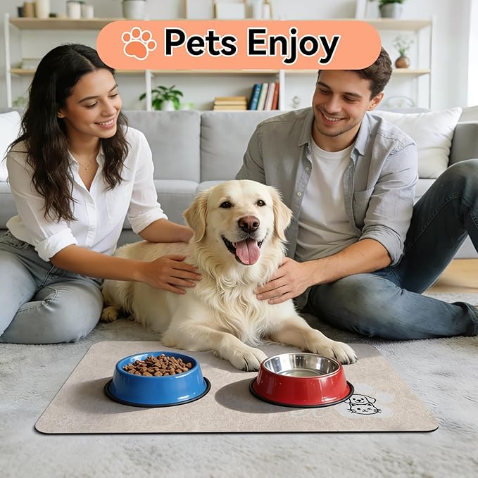 Dog Cat Feeding Mat-Absorbent Pet Bowl Mat for Food and Water, Quick Dry Water Dispenser Mat for Floors with Waterproof Rubber Backing, Large Dogs Placemat Mats for Messy Drinkers,17"x27",Taupe