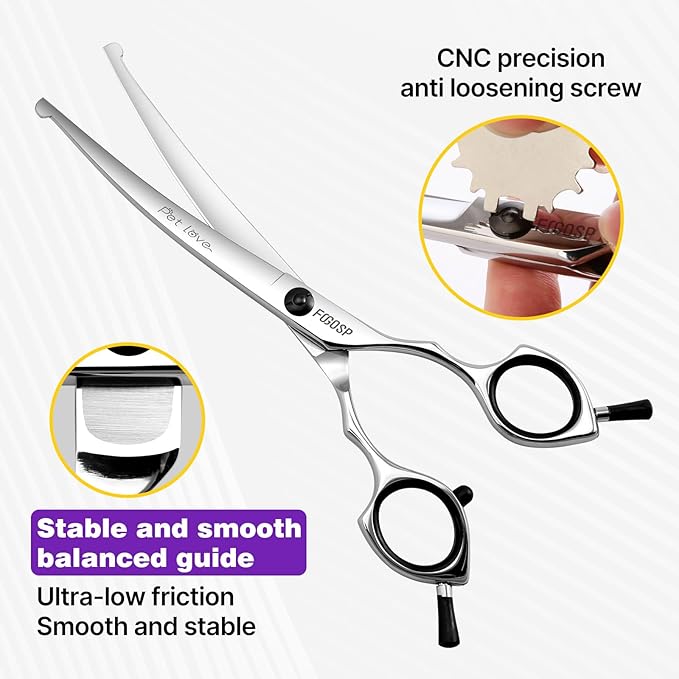 Curved Dog Grooming Scissors with Blunt Tip 6.5 in Round Curve Shears for Pet Dogs Cat Japan 440C 30°Arc Upward & Downward for Trimming Face and Paws at Home Safety