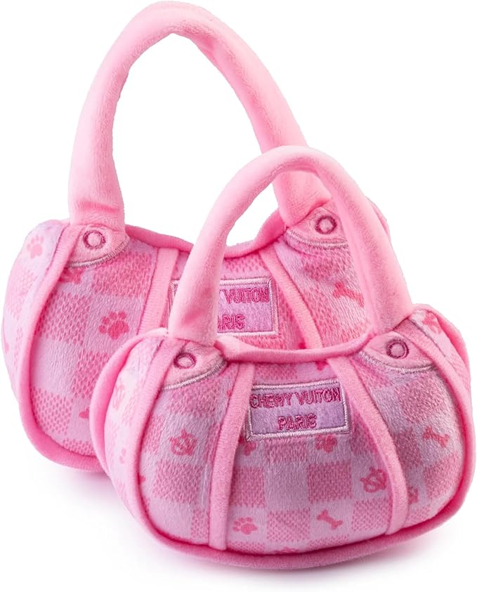 Haute Diggity Dog Pink Checker Chewy Vuiton Handbag, Plush Designer Dog Toys with Interactive Squeaker, Stimulating Pet Enrichment, Machine-Washable & Safe Materials for All Breeds, Size Small