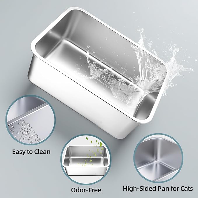 Stainless Steel Cat Litter Box - Large Metal High-Sided Pan for Cats, Pets, Non-Stick, Odor-Free, Easy to Clean, Splash-Proof, Durable ((2 Pack) 17.7" L x 13.8" W x 6" H)