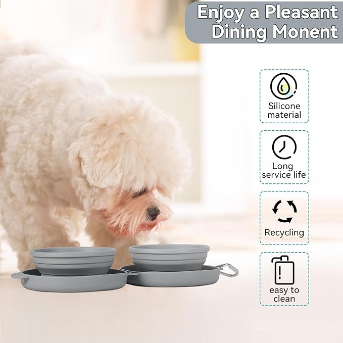Collapsible Dog Water Bowl 2 in 1 Foldable Pet Food and Water Bowl Portable Cats Dishes with Carabiner Clip for Traveling Hiking Camping Walking (Grey)
