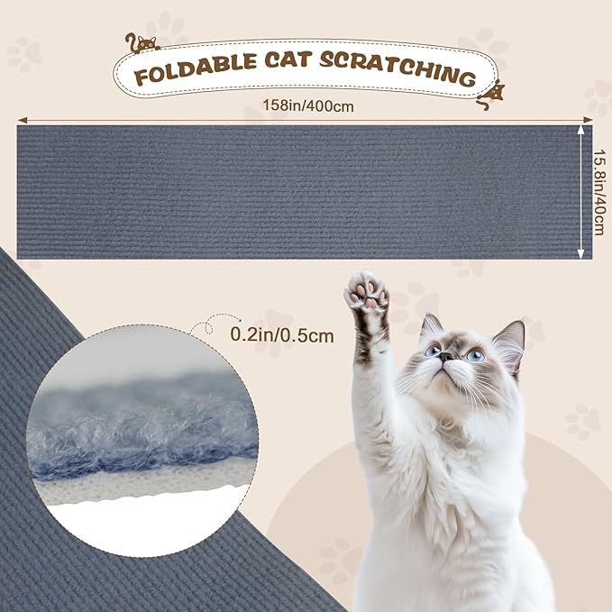 Eunice Cat Scratching Mat, Self-Adhesive Cat Scratch Carpet, Trimmable Replacement Carpet Pad for Tree Wall Cat Scratching Post DIY Couch Protector (Light Gray, 15.8'' x 158'')