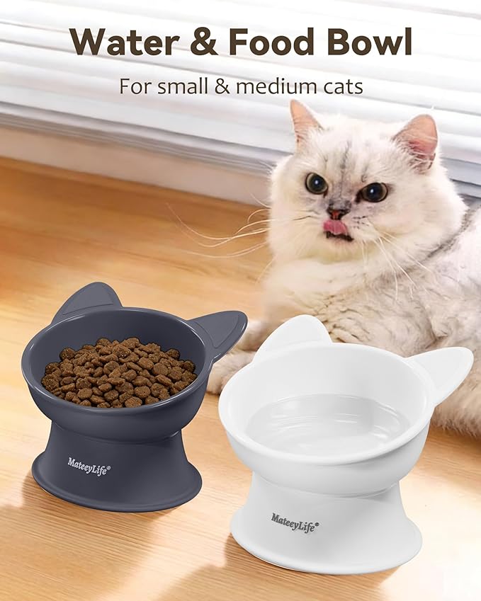 MateeyLife Elevated Cat Bowls, 2P Raised Food and Water Bowl Set for Indoor Cats & Small Dogs, Whisker Fatigue Cat Bowl, Anti Vomit Feeding Pet Bowls, 6 oz Each, Dishwasher Safe - White & Grey