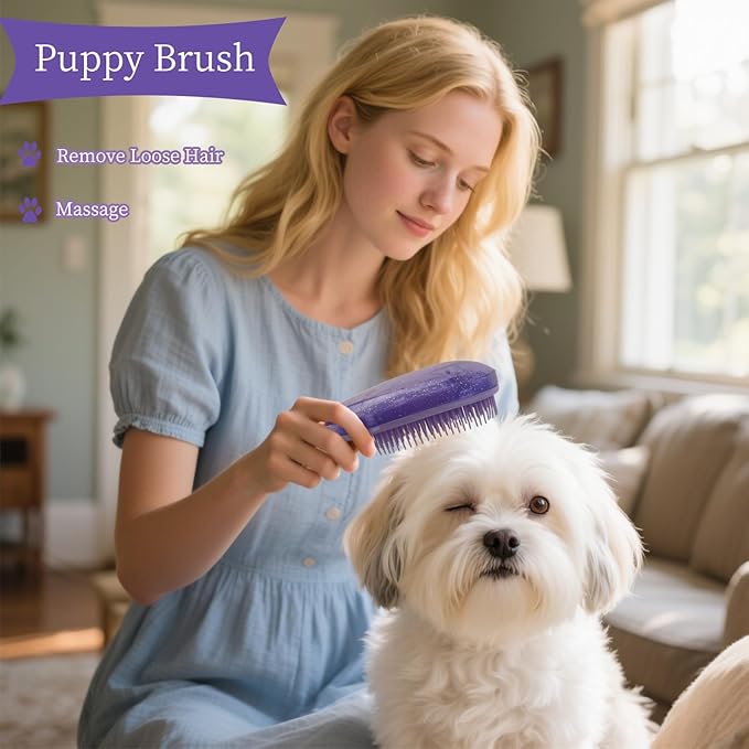 Comma-Shaped Small Dog Brush and Cleaning Comb, Fit for Yorkie, Shih Tzu, Maltese Maltipoo Pomeranian - Gentle Soft Bristles for Effortless Pet Hair Removal, Puppy Essentials (Crystal Purple)