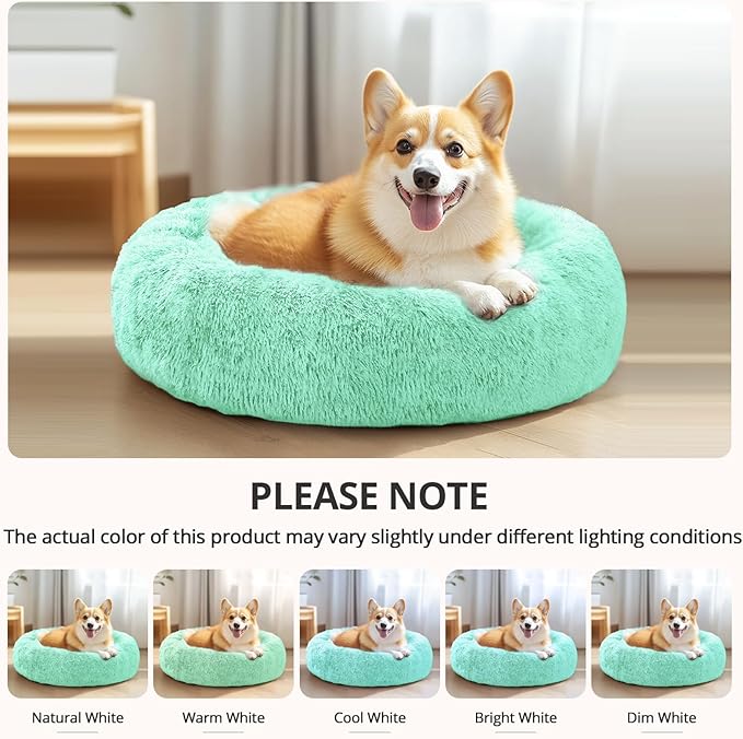 JOLLYVOGUE Calming Dog Bed Medium Size Dog, Anti-Anxiety Donut Medium Pet Bed, 31 inches Fluffy Faux Fur Round Cat Bed, Fits up to 45 lbs Pets (Mint Green)