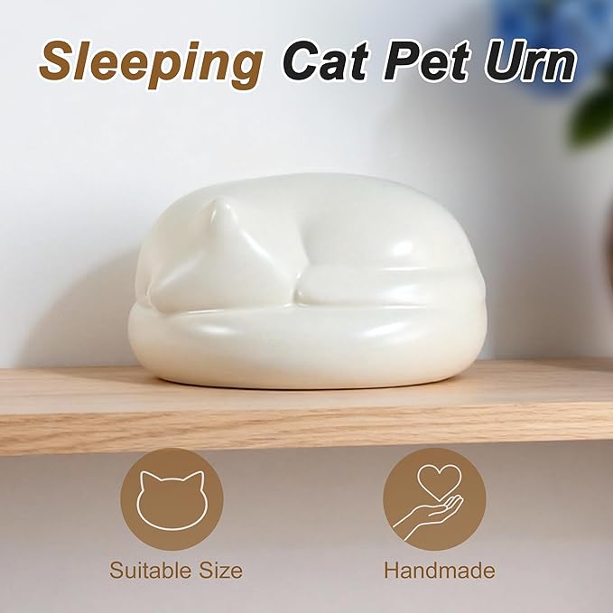 Cat Urn, Sleeping Cat Design Pet Urns for Cats, Includes Resin Cat-Shaped Ash Container with Plastic Plug, Sealing Bag, White