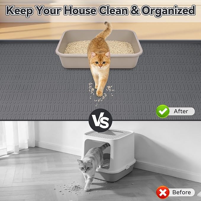Kalolary Large Cat Litter Box Mat, 47" x 35" Silicone Litter Trapping Mat for Cats, Trapping Mat for Scatter Control with Raised Edge Waterproof Silicone Pad for Floor Easy to Clean (Dark Gray)