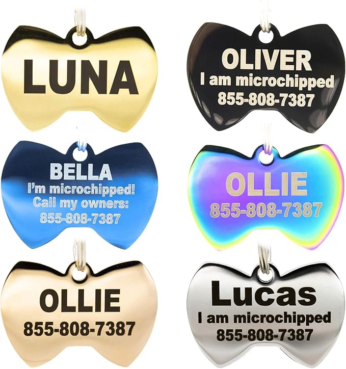 Engraved Dog Tags Personalized - Stainless Steel Engraved Dog Cat ID Tags Front & Back up to 8 Lines of Text Color Plating Gold, Rose Gold, Blue, Black, Nebula Bow-Tie Small
