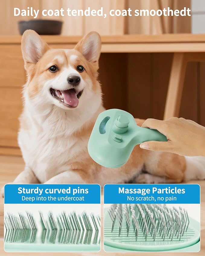 Dog Steam Brush 3 in 1 Cat Brushes with Steam, Release Button Grooming Brush for Pets Cats Dogs, Hair Removal Shedding for Small Animals Long Short Haired - Green