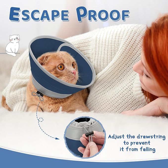 Cat Cone Collar Soft to Stop Licking, Adjustable, Foldable Lightweight Kitten Cone After Surgery Recovery for Cats & Kittens, EVA Material with PU Fabric, Solid Blue, M