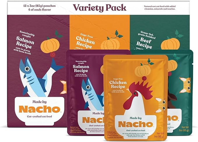 Made by Nacho Wet Cat Food Variety 12 Pack (3oz Each), Cage-Free Chicken, Sustainably Caught Salmon, Grass-Fed Beef with Bone Broth for Extra Hydration, Gravy Cut Pouches