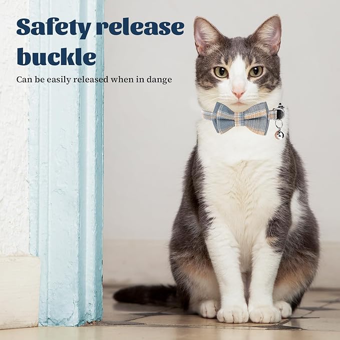 2 PCS Bow Tie Cat Collar with Bells Cat Collar Breakaway Cute Bowtie Plaid Cat Collar with Cat Buckle Soft Adjustable Kitten Accessories for Indoor Cats Puppy and Small Pets Blue and White Plaid
