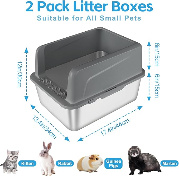 2 Pack Kitty Stainless Steel Litter Box, Large Rabbit Litter Box with Scoop, Small Animal Toilet for Kitten, Rabbit, Guinea Pigs, Hamster(Dark Grey & Light Grey)