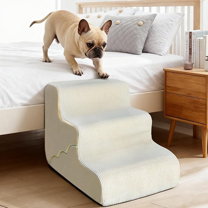 Pet Dog Stairs for Small Dogs, 2 in 1 Transformable 3-Step Pet Stairs and Wave Anti-Fall Slope for Short Legs and Long Legs Dog, for Couch (12-19 in) with Durable Non-Slip Waterproof Cover（Beige）