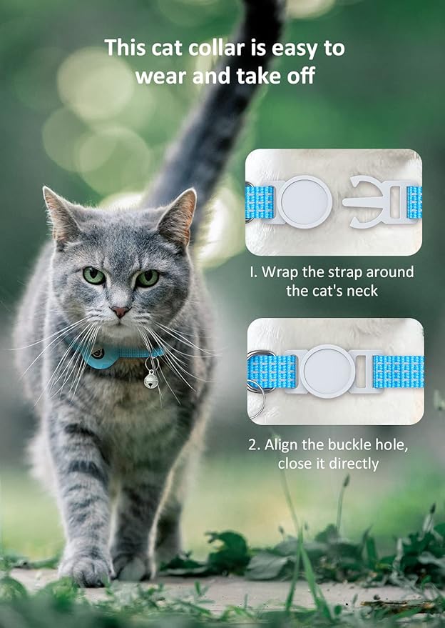 AirTag Cat Collar, Reflective Kitten Collar with Breakaway Apple AirTag Holder and Bell, Lightweight GPS Tracker Collar for Cats and Puppies (Luminous Blue)