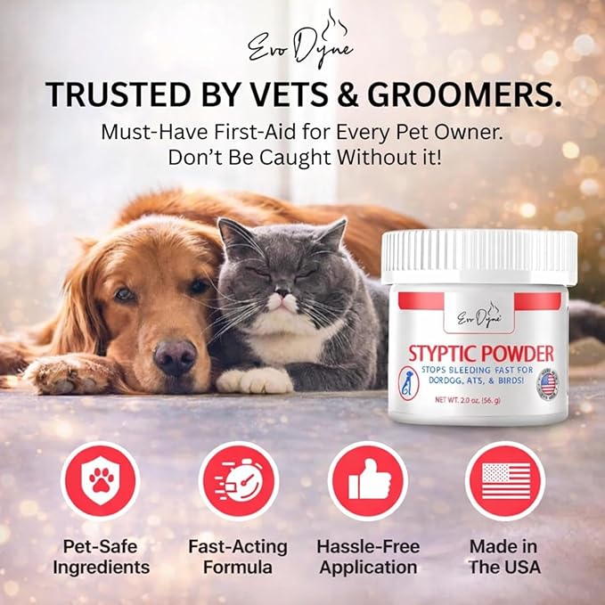 2-Pack Styptic Powder for Dogs, Cats, and Birds (2 oz) by Evo Dyne | Fast-Acting Blood Stop Powder for Pets | Quick Stop Bleeding for Dog Nail Clipping, Grooming, Cuts and More