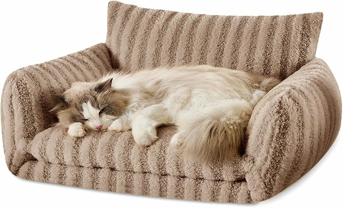 Hollypet Cat Bed Fluffy Plush Mutifuctional Double-Layer Soft Pet Couch Orthopedic Sofa Nest Beds for Small Cats and Dogs, Khaki (25x20x13 inch)