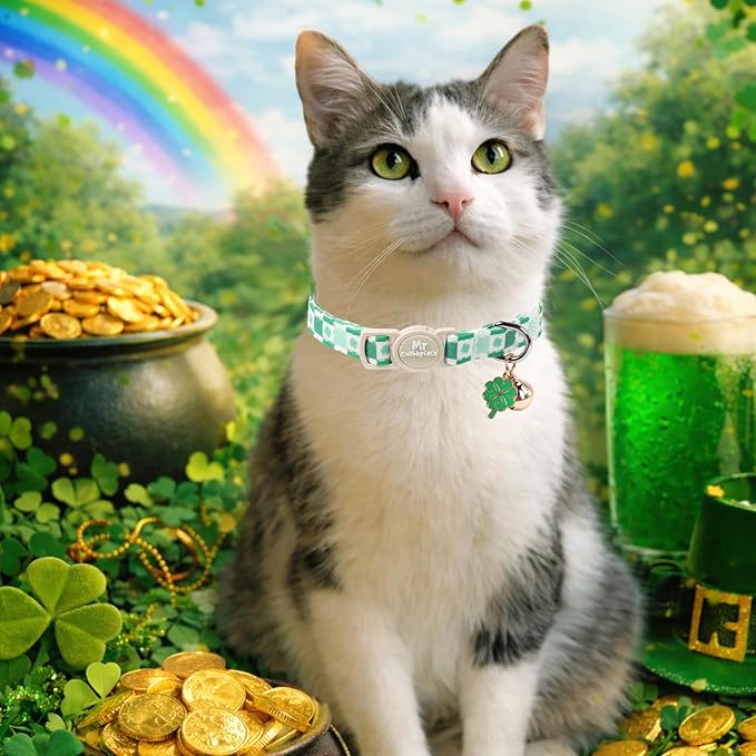 St. Patrick's Day 2 Pack Cat Collar, Soft Breakaway Clover Kitty Collar with Bell&Pendent, Cotton Shamrock Pattern Collar with Safety Buckle for Boy Girl Cats