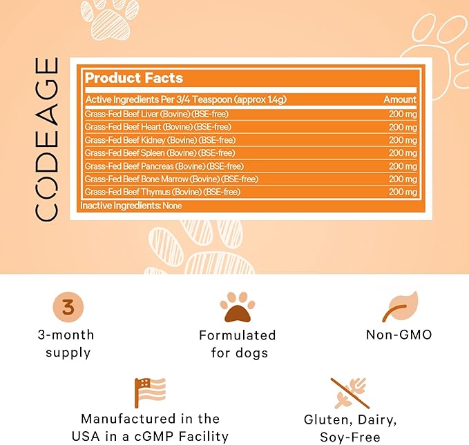 DNA PET Happy Healthy Organs & Glands Supplement for Dogs, Freeze-Dried Raw Grass-Fed Beef Liver Heart Kidney Spleen Pancreas Bone Marrow, Bovine Thymus Multi Organ Powder, Canine Vitamins, 3 oz