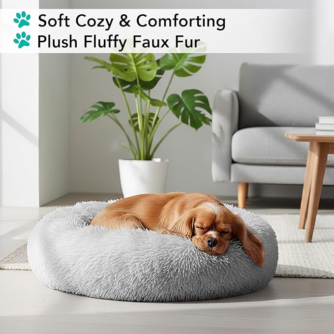 PetAmi Calming Dog Bed for Small & Medium Dogs and Cats, 23 Round Donut Dog Bed, Washable Fluffy Faux Fur Puppy & Cat Bed, Anti-Anxiety Plush Cuddler Pet Bed with Anti-Slip Bottom - Light Gray